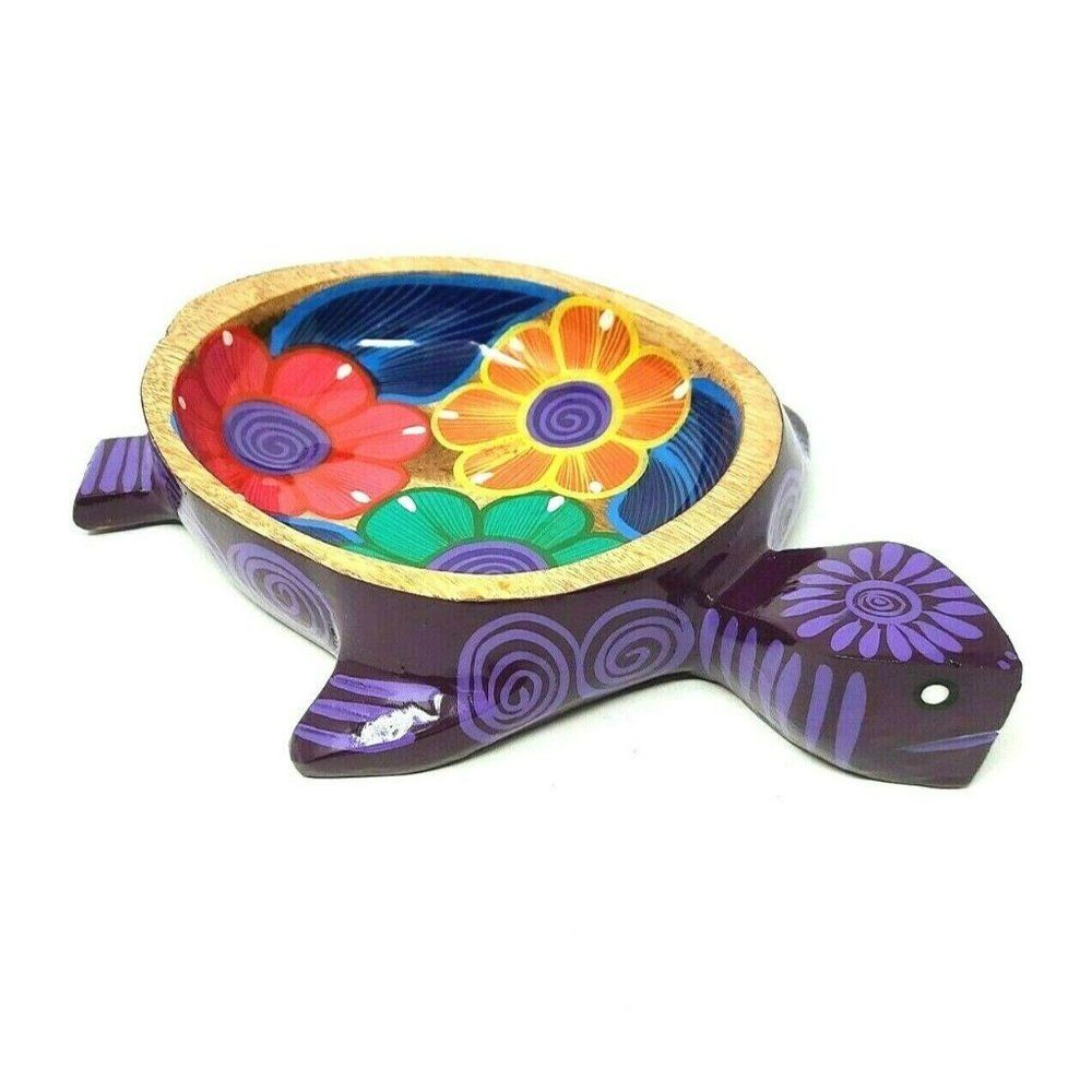 Painted Wooden Turtle Dish Tray Purple Flowers Sea Turtle Dish Catch All